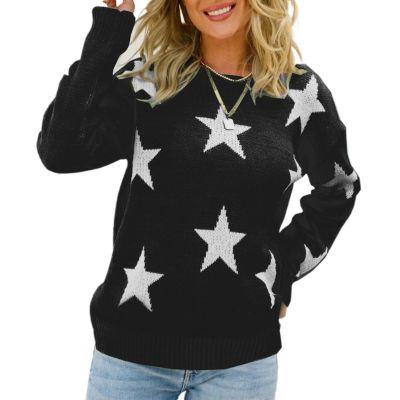Star Sweater Women Y-k2 Loose Crew Neck Star Pattern Pullover Knitted Long-Sleeved Sweater (Blue,X-Large)