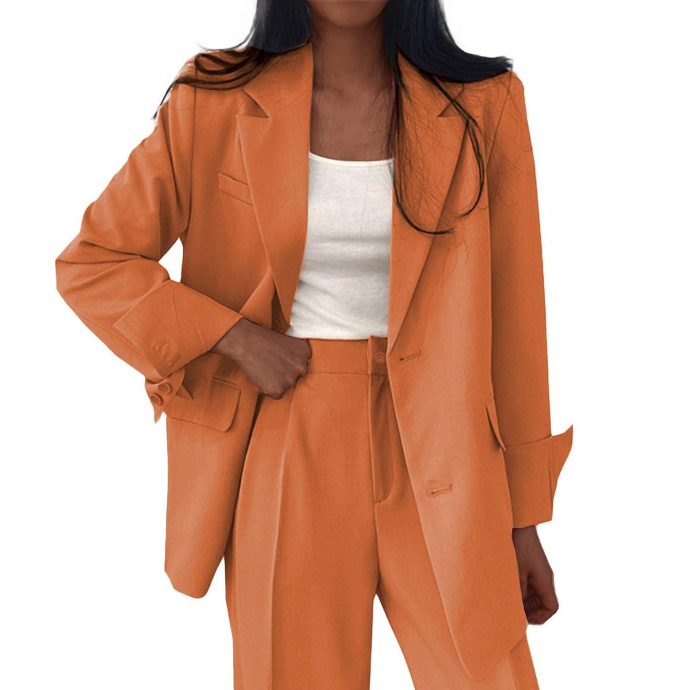 Casual Blazer for Women Business Work Office Suit Jacket Fashion Loose Button Down Lapel Long Sleeve Coat with Pocket A-Orange