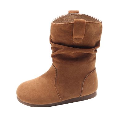Mid Calf Boots for Girls Fashion louchy Ruched Suede Round Toe Slip On Flat Booties Casual Fall Winter Boots (Brown, 8 Toddler)