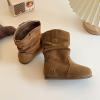 Mid Calf Boots for Girls Fashion louchy Ruched Suede Round Toe Slip On Flat Booties Casual Fall Winter Boots (Brown, 8 Toddler) view 2