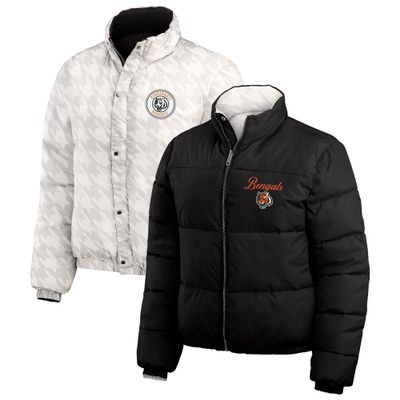 WEAR by Erin Andrews Women's Black/White Cincinnati Bengals Reversible Cropped Full-Zip Puffer Jacket