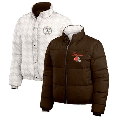WEAR by Erin Andrews Women's Brown/White Cleveland Browns Reversible Cropped Full-Zip Puffer Jacket