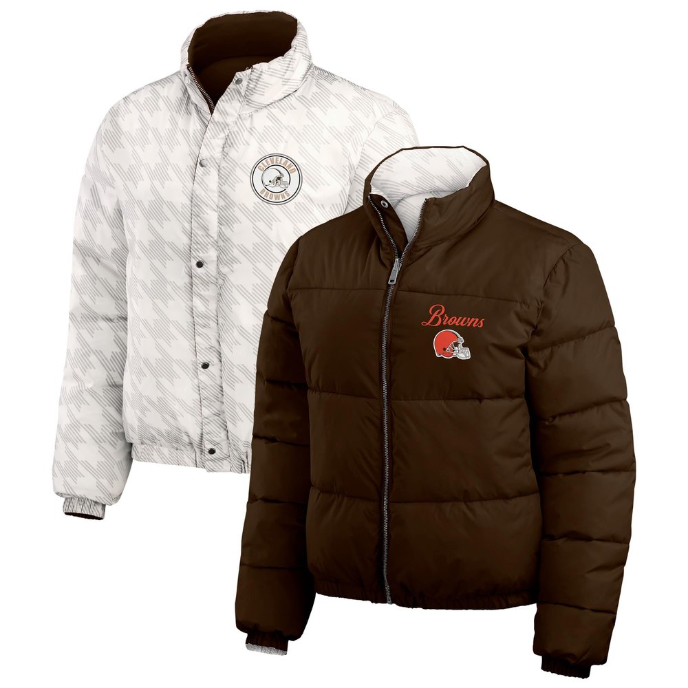 WEAR by Erin Andrews Women's Brown/White Cleveland Browns Reversible Cropped Full-Zip Puffer Jacket