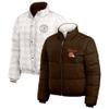 WEAR by Erin Andrews Women's Brown/White Cleveland Browns Reversible Cropped Full-Zip Puffer Jacket view 1