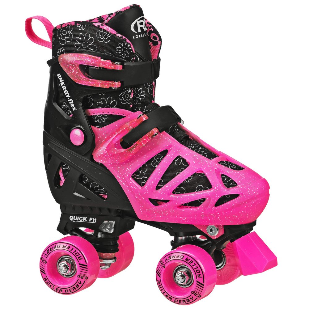 Roller Derby Trac Star Adjustable Skates for Kids, Beginners, Youth Pink Daisy Size Large (3-6)