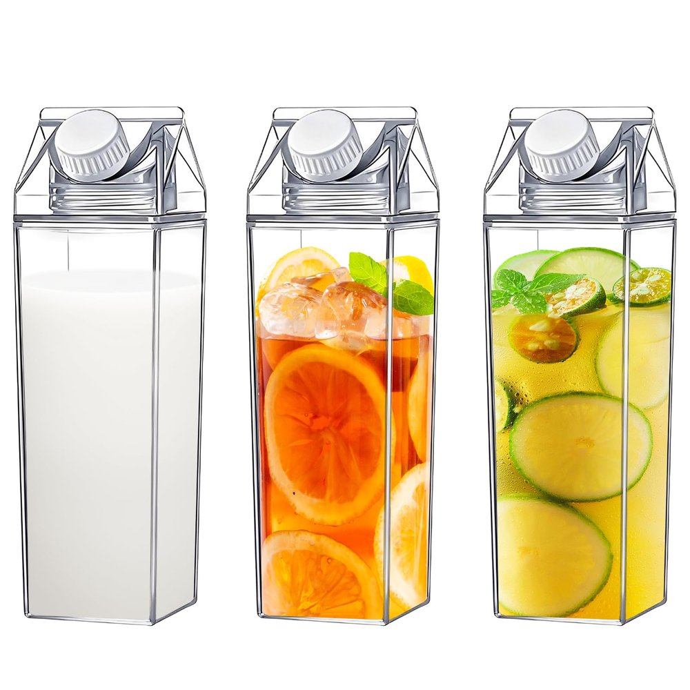 3 Pcs Milk Carton Water Bottles Reusable Plastic Square Milk Bottle Clear Milk Carton Container Portable Milk Carton Cups for Outdoor Activities School Travelling Camping US(3,transparent color)