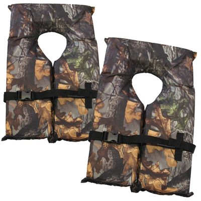 2 Pack Coast Guard Approved Life Jackets. High Visibility Color Type II Keyhole Life Vest in Classic May West Style. Compliance Flotation Device Adult Camo