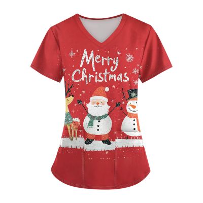 SERYU Women's Christmas Pattern V-Neck Scrub Tunics with Pocket - Comfortable Short Sleeve Tops - Red, Small