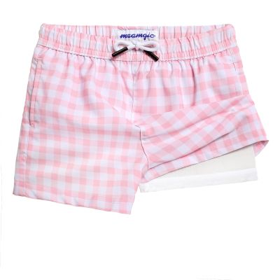 maamgic Boys Swim Trunks with Compression Liner Toddler Stretch Swim Shorts Quick Dry Swimming Trunks Boxer Brief 2 in 1 Beach Shorts Pink Gingham 8