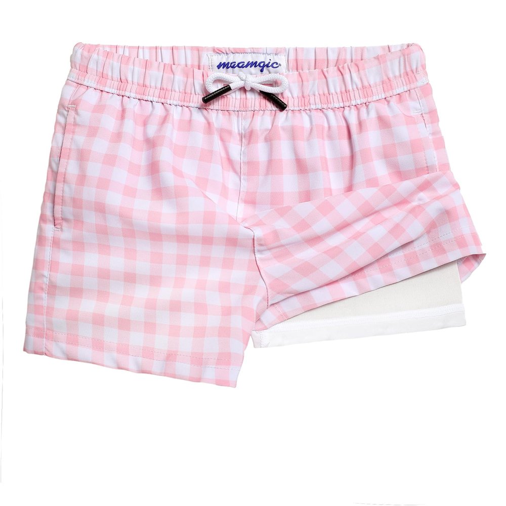 maamgic Boys Swim Trunks with Compression Liner Toddler Stretch Swim Shorts Quick Dry Swimming Trunks Boxer Brief 2 in 1 Beach Shorts Pink Gingham 8