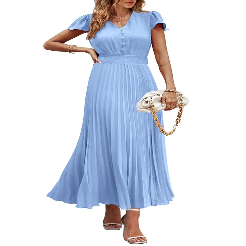 PRETTYGARDEN Women's Summer Maxi Dresses 2026 Trendy Casual Button V Neck Ruffle Cap Sleeve Long Flowy Spring Pleated Dress (Light Blue,Large)