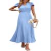 PRETTYGARDEN Women's Summer Maxi Dresses 2026 Trendy Casual Button V Neck Ruffle Cap Sleeve Long Flowy Spring Pleated Dress (Light Blue,Large) view 1