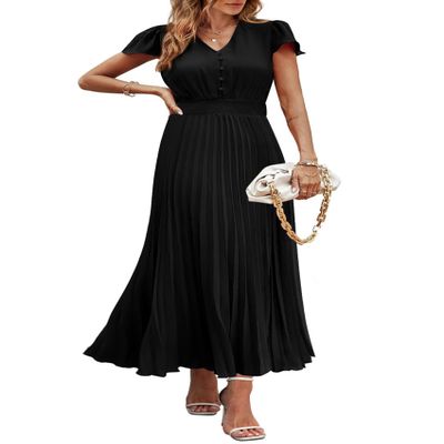 PRETTYGARDEN Women's Summer Maxi Dresses 2026 Trendy Casual Button V Neck Ruffle Cap Sleeve Long Flowy Spring Pleated Dress (Black,Medium)