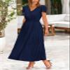 PRETTYGARDEN Women's Summer Maxi Dresses 2026 Trendy Casual Button V Neck Ruffle Cap Sleeve Long Flowy Spring Pleated Dress (Navy,Medium) view 4
