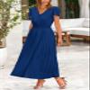 PRETTYGARDEN Women's Summer Maxi Dresses 2026 Trendy Casual Button V Neck Ruffle Cap Sleeve Long Flowy Spring Pleated Dress (Dark Blue,Medium) view 4