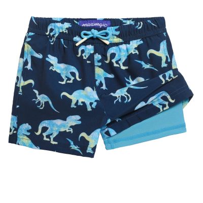 maamgic Boys Swim Trunks with Compression Liner Toddler Stretch Swim Shorts Quick Dry Swimming Trunks Boxer Brief 2 in 1 Beach Shorts Navy Dinosaur 2T