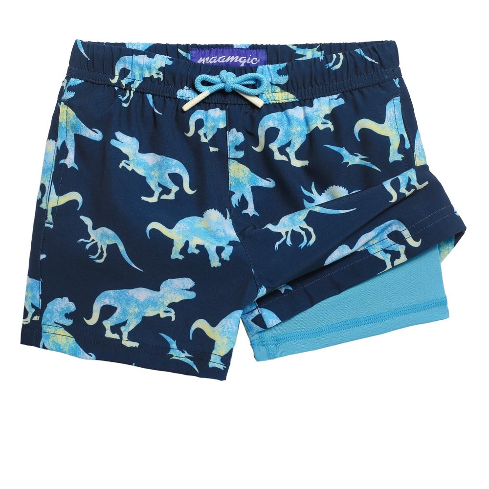 maamgic Boys Swim Trunks with Compression Liner Toddler Stretch Swim Shorts Quick Dry Swimming Trunks Boxer Brief 2 in 1 Beach Shorts Navy Dinosaur 2T