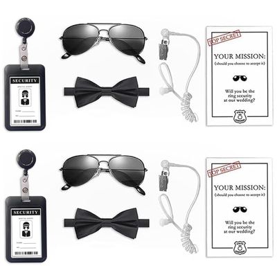 COSLANLEE 10Pcs Wedding Ring Security Ring Bearer Gift Set Include Ring Bearer Sunglass Acoustic Earpiece Tube Mission Card with Binder Clip Bow Tie for Kids(A-2PACK)