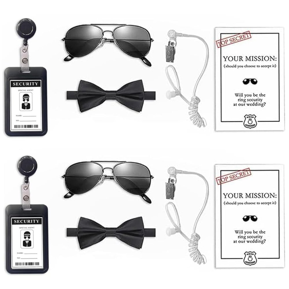COSLANLEE 10Pcs Wedding Ring Security Ring Bearer Gift Set Include Ring Bearer Sunglass Acoustic Earpiece Tube Mission Card with Binder Clip Bow Tie for Kids(A-2PACK)