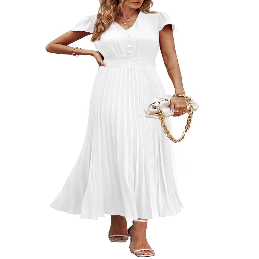 PRETTYGARDEN Women's Summer Maxi Dresses 2026 Trendy Casual Button V Neck Ruffle Cap Sleeve Long Flowy Spring Pleated Dress (White,Large)