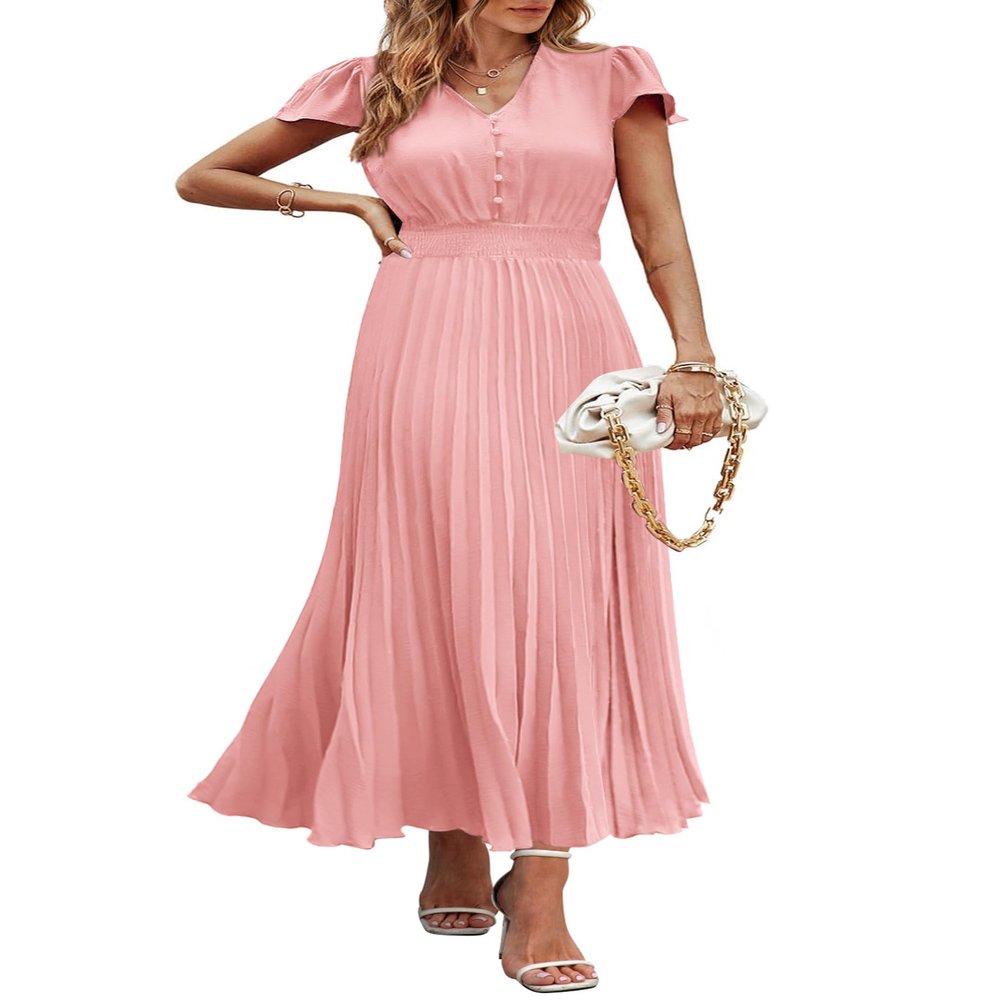 PRETTYGARDEN Women's Summer Maxi Dresses 2026 Trendy Casual Button V Neck Ruffle Cap Sleeve Long Flowy Spring Pleated Dress (Pink,Large)