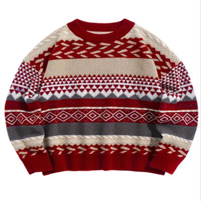 Flygo Men's Vintage Grandpa Sweater Crewneck Oversized Striped Aztec Cable Knit Pullover Unisex Jumper Tops(Red-XL)