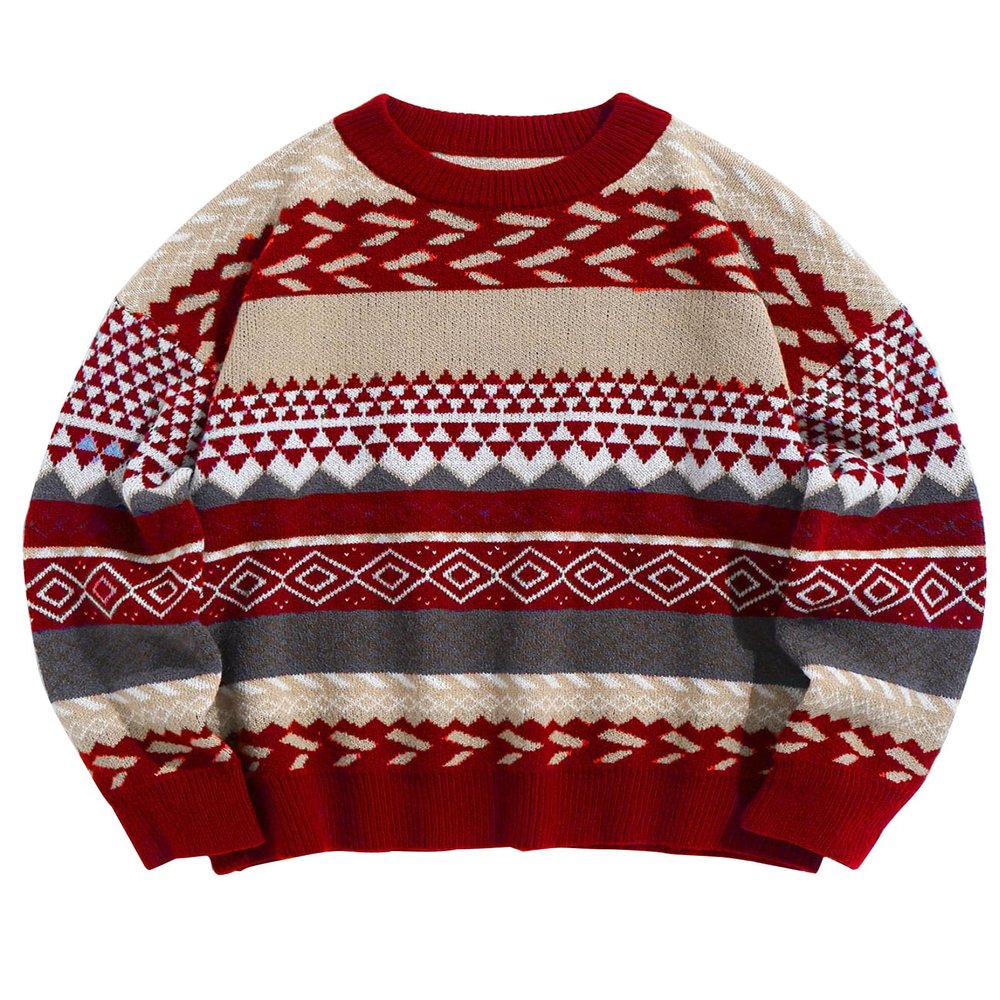 Flygo Men's Vintage Grandpa Sweater Crewneck Oversized Striped Aztec Cable Knit Pullover Unisex Jumper Tops(Red-L)
