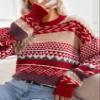 Flygo Men's Vintage Grandpa Sweater Crewneck Oversized Striped Aztec Cable Knit Pullover Unisex Jumper Tops(Red-L) view 2