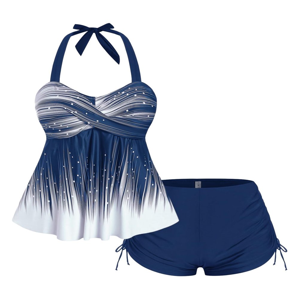 ROSE GAL Womens Plus Size Halter Backless Empire Waist Modest Boyshorts Tankini Swimsuit Set(Blue_1/5X)