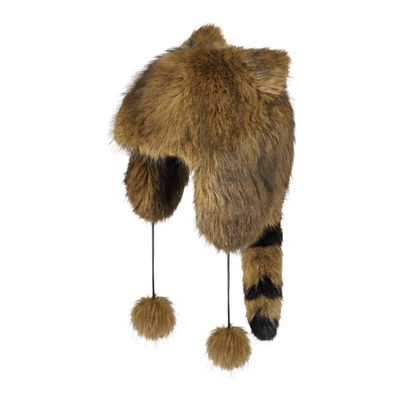 Child Cute Animal Hat Faux Fur Raccoon Tail Trapper Hat Warm Winter Earflaps Hat Windproof Plush Cap with Pompoms Brown
