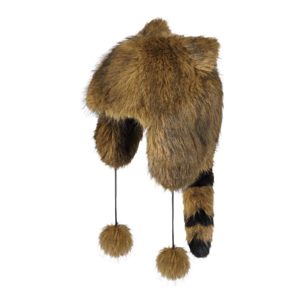 Child Cute Animal Hat Faux Fur Raccoon Tail Trapper Hat Warm Winter Earflaps Hat Windproof Plush Cap with Pompoms Brown