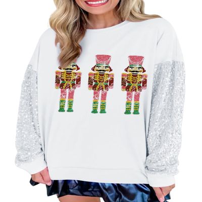 NUFIWI Women Christmas Sweatshirt Sequined Long Sleeve Glitter Santa Shirt Funny Merry Sweatshirt Xmas Sparkly Holiday Pullover(Cute White Sparkle,XL)