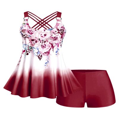 ROSE GAL Womens Plus Size Curve Ombre Color Floral Print Crisscross Modest Tankini Swimsuit Set(Red_1/4X)