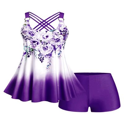 ROSE GAL Womens Plus Size Curve Ombre Color Floral Print Crisscross Modest Tankini Swimsuit Set(Purple_1/4X)