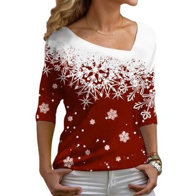 Akivide Christmas Shirts for Women 2024,Casual Long Sleeve Snow Pattern Diagonal V Neck Tunic Blouse Tops