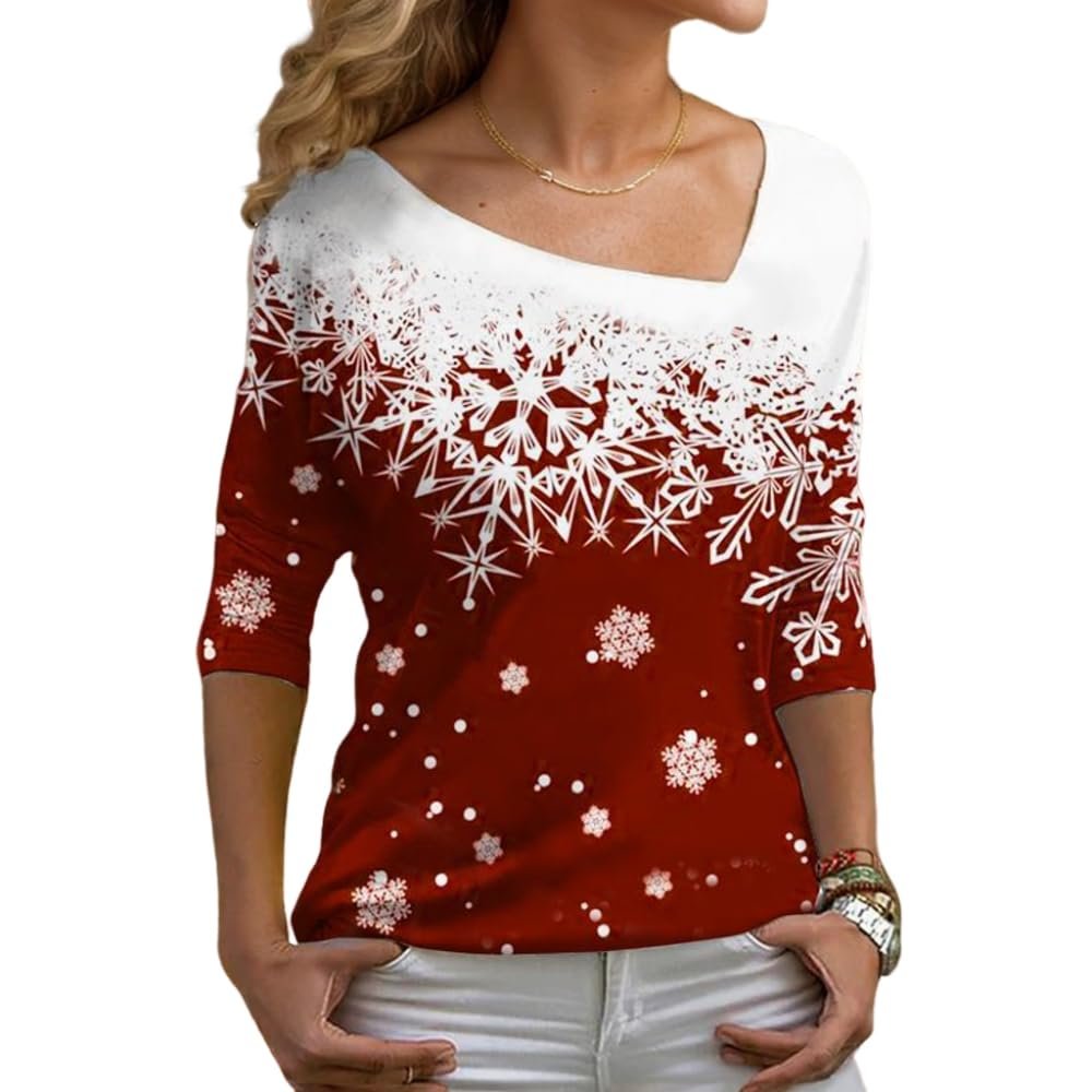 Akivide Christmas Shirts for Women 2024,Casual Long Sleeve Snow Pattern Diagonal V Neck Tunic Blouse Tops