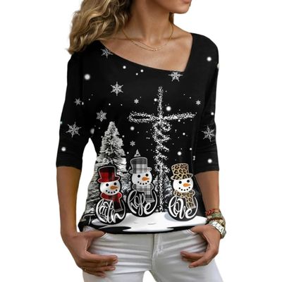 Akivide Christmas Shirts for Women 2024,Casual Long Sleeve Snow Pattern Diagonal V Neck Tunic Blouse Tops