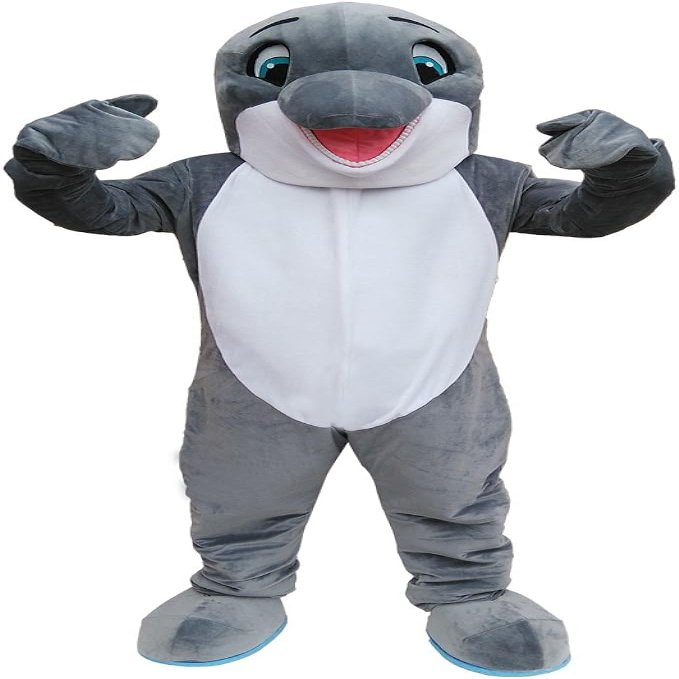 Happy Dolphin Mascot Cosume Adult Size for Men & Women with Built-in Fan Inside the Head and Ice Pack Vest