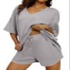 Dokotoo Women's 2 Piece Lounge Sets for Women with Pockets V Neck Waffle Knit Lounge Shirts Drawstring Shorts Pants Outfits loungewear Two Sets Woman Trendy Casual Matching Sets Clothing view 1
