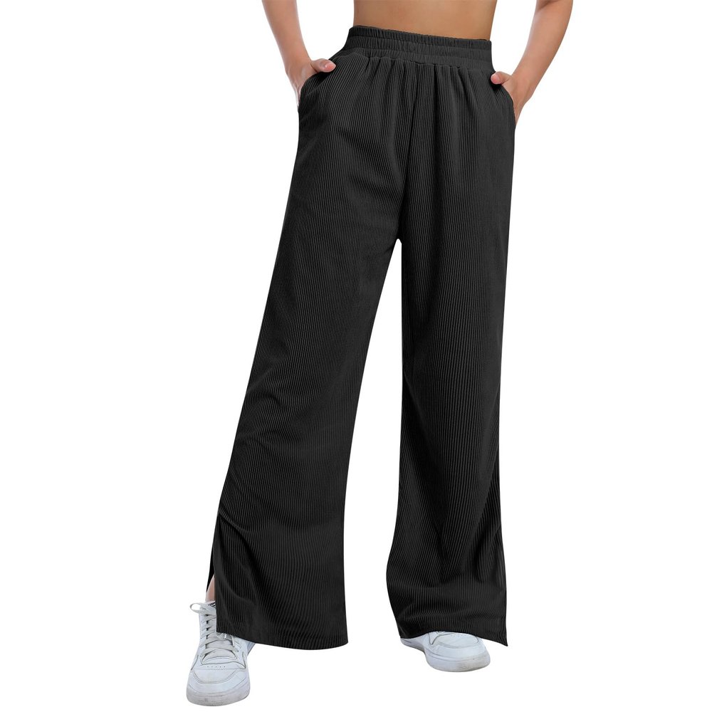 Corduroy Pants Women Khaki Wide Leg Pants for Womens High Waisted Stretchy Straight Pants Trendy Pants Groovy Pants Side Slits Pants for Women Pantalones para Mujeres Black M