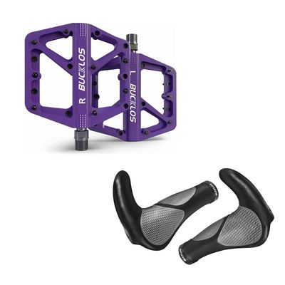 BUCKLOS Mountain Bike Pedals Purple MTB Pedals Flat and Single Lock-on Bike Handlebar Grips Ergonomic Mountain Bicycle Handle Grips