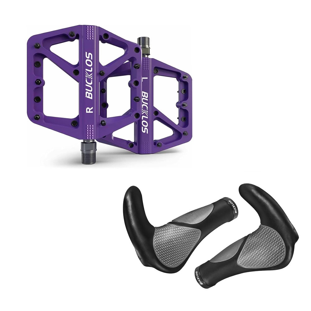BUCKLOS Mountain Bike Pedals Purple MTB Pedals Flat and Single Lock-on Bike Handlebar Grips Ergonomic Mountain Bicycle Handle Grips
