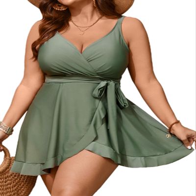 SCOMCHIC Womens Plus Size Swimsuit Swim Dress One Piece Bathing Suit Tummy Control Swim Suits Ruffle Swimdress Swimwear Olive Green
