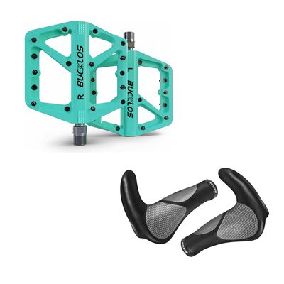 BUCKLOS Mountain Bike Pedals Bianchi Green MTB Pedals Flat and Single Lock-on Bike Handlebar Grips Ergonomic Mountain Bicycle Handle Grips