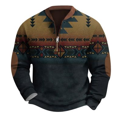 Aztec Vintage Graphic Western Sweatshirts Casual Long Sleeve 1/4 Zip Country Pullover Tops Sweatshirts Men Christmas Sweatshirt Pullover Big And (L, Dark Green)