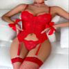 WDIRARA Women's Sexy Floral Lace Garter Bustier Lingerie Set Red view 3