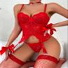 WDIRARA Women's Sexy Floral Lace Garter Bustier Lingerie Set Red view 4
