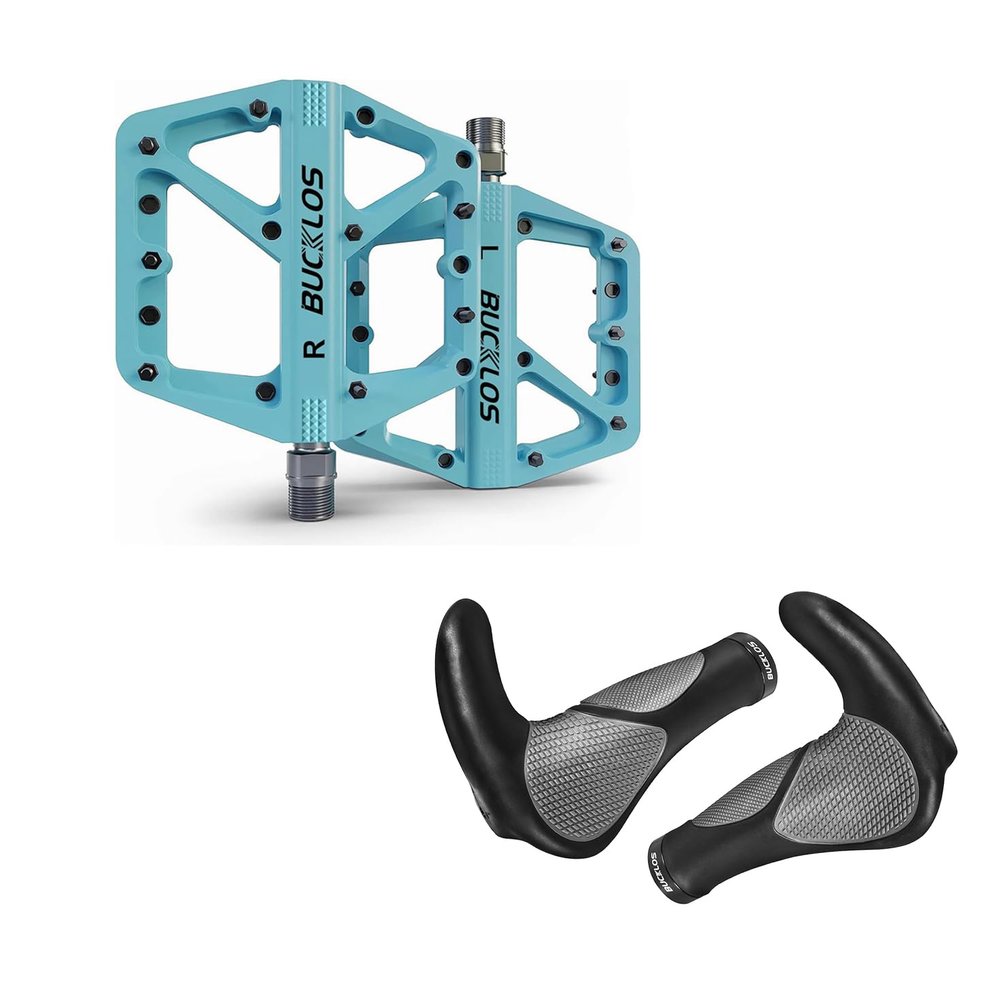BUCKLOS Mountain Bike Pedals Blue MTB Pedals Flat and Single Lock-on Bike Handlebar Grips Ergonomic Mountain Bicycle Handle Grips