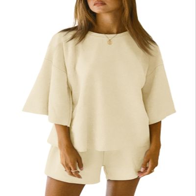 Tankaneo Womens Pajama Sets 3/4 Sleeve Oversized Tops and Elastic Waist Shorts Lounge Sets Loungewear Beige