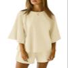 Tankaneo Womens Pajama Sets 3/4 Sleeve Oversized Tops and Elastic Waist Shorts Lounge Sets Loungewear Beige view 1